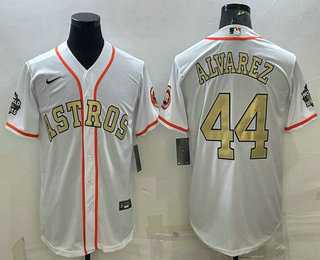 Mens Houston Astros #44 Yordan Alvarez White Gold 2022 World Series Champions Stitched Cool Base Nike Jersey